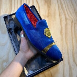 Elanroman Mens 8.5 Blue Velvet Gold‎ Crest Loafers XM063A11 Royal Slip On Shoes